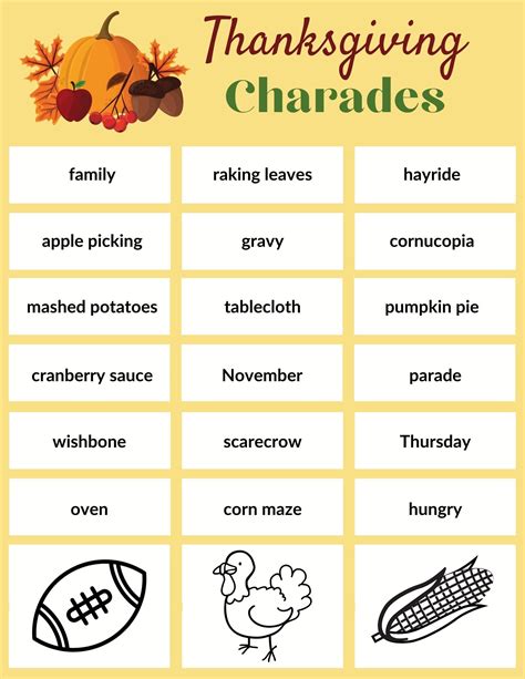 thanksgiving charades words|Printable Thanksgiving Charades Game